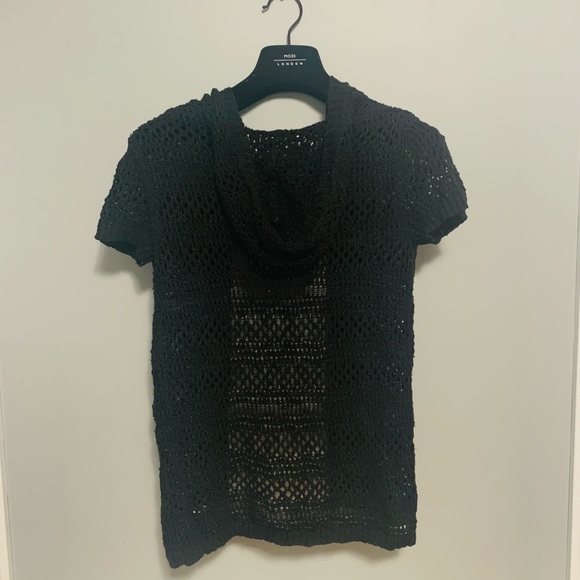 Black Knit Long Short-Sleeved Cardigan with Hood - Picture 3 of 3